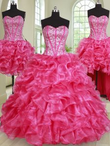 Four Piece Hot Pink Lace Up Sweetheart Beading and Ruffles 15 Quinceanera Dress Organza Sleeveless