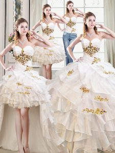Super Four Piece Floor Length White Quince Ball Gowns Organza Sleeveless Beading and Ruffles