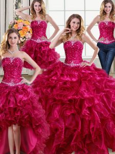 Excellent Four Piece Fuchsia Strapless Neckline Beading and Ruffles Quinceanera Gowns Sleeveless Lace Up