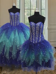 Three Piece Multi-color Lace Up Sweetheart Beading and Ruffles Quinceanera Dresses Tulle Sleeveless