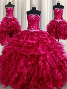 Four Piece Burgundy Ball Gowns Beading and Ruffles Ball Gown Prom Dress Lace Up Organza Sleeveless Floor Length