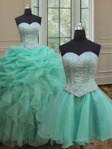 Three Piece Floor Length Turquoise Quinceanera Dress Organza Sleeveless Beading and Ruffles and Pick Ups