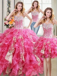 Three Piece Sleeveless Floor Length Beading and Ruffles and Sequins Lace Up 15th Birthday Dress with Hot Pink
