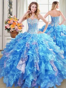 Floor Length Baby Blue 15th Birthday Dress Organza Sleeveless Beading and Ruffles and Sequins