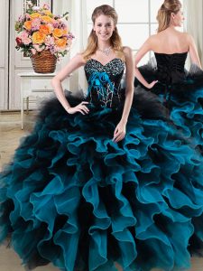 High Quality Black and Blue Ball Gowns Organza and Tulle Sweetheart Sleeveless Beading and Ruffles and Hand Made Flower 