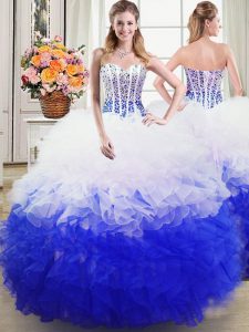 Edgy Ball Gowns Vestidos de Quinceanera Blue And White Sweetheart Organza Sleeveless Floor Length Lace Up