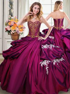 Burgundy Ball Gowns Sweetheart Sleeveless Taffeta Floor Length Lace Up Beading and Appliques and Pick Ups Quinceanera Dr