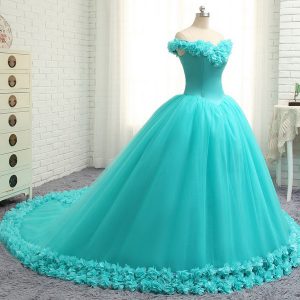 Flirting Aqua Blue Off The Shoulder Lace Up Hand Made Flower Quinceanera Gown Court Train Cap Sleeves