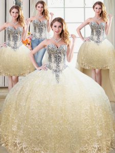 Custom Designed Four Piece Floor Length Champagne 15th Birthday Dress Tulle and Lace Sleeveless Beading and Lace