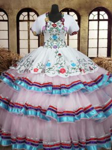 White Ball Gowns Organza and Taffeta Straps Sleeveless Embroidery and Ruffled Layers Floor Length Lace Up 15th Birthday 