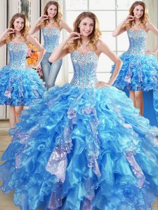 Sophisticated Four Piece Baby Blue Lace Up Sweetheart Beading and Ruffles and Sequins Ball Gown Prom Dress Organza Sleev