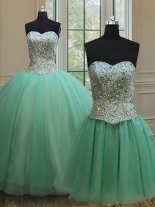 Colorful Three Piece Apple Green Lace Up Sweetheart Beading Quince Ball Gowns Tulle Sleeveless
