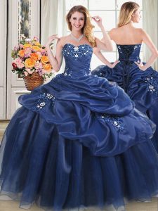 New Style Pick Ups Sweetheart Sleeveless Lace Up Quinceanera Gowns Navy Blue Organza