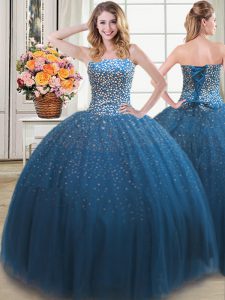 Custom Design Teal Sweetheart Neckline Beading Quinceanera Gowns Sleeveless Lace Up