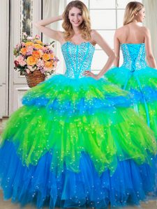 Floor Length Lace Up Sweet 16 Dresses Multi-color for Military Ball and Sweet 16 and Quinceanera with Beading and Ruffle