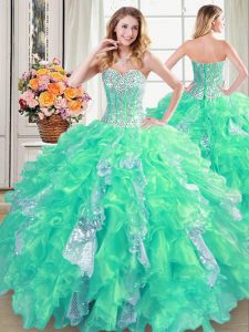 Turquoise Organza Lace Up Quince Ball Gowns Sleeveless Floor Length Beading and Ruffles and Sequins