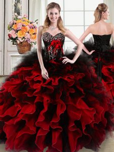 Organza and Tulle Sweetheart Sleeveless Lace Up Beading and Ruffles and Hand Made Flower Quinceanera Gowns in Black and 