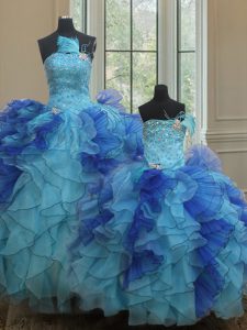 Blue Ball Gowns Organza Strapless Sleeveless Beading and Ruffles Floor Length Lace Up Ball Gown Prom Dress