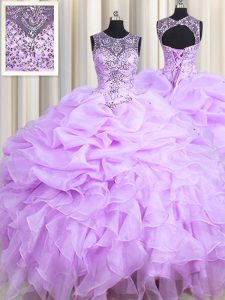 Scoop Sleeveless Floor Length Beading and Ruffles and Pick Ups Lace Up 15 Quinceanera Dress with Lavender