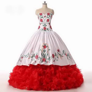 White and Red Organza Lace Up Ball Gown Prom Dress Sleeveless Floor Length Embroidery and Ruffled Layers