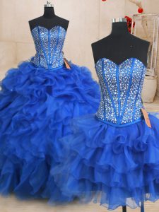 Three Piece Floor Length Royal Blue Sweet 16 Quinceanera Dress Organza Sleeveless Beading and Ruffles