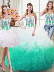 Three Piece Sweetheart Sleeveless Lace Up Sweet 16 Quinceanera Dress White and Green Organza