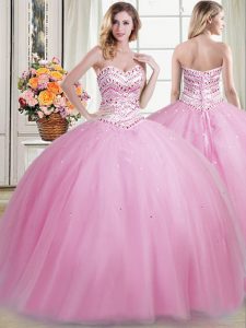 Pretty Sweetheart Sleeveless Lace Up Quince Ball Gowns Rose Pink Tulle