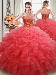 Fantastic Floor Length Coral Red Quinceanera Dresses Sweetheart Sleeveless Lace Up
