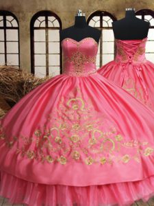 Sleeveless Organza and Taffeta Floor Length Lace Up Vestidos de Quinceanera in Pink with Beading and Embroidery
