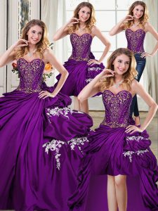 Decent Four Piece Purple Taffeta Lace Up Quinceanera Dresses Sleeveless Floor Length Beading and Appliques and Pick Ups