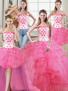 Captivating Four Piece Hot Pink Sleeveless Floor Length Beading and Appliques and Ruffles Lace Up Quinceanera Gowns