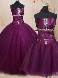 Fantastic Three Piece Floor Length Ball Gowns Sleeveless Dark Purple Quinceanera Dresses Lace Up