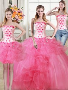 Sexy Three Piece Hot Pink Sweet 16 Quinceanera Dress Military Ball and Sweet 16 and Quinceanera and For with Beading and
