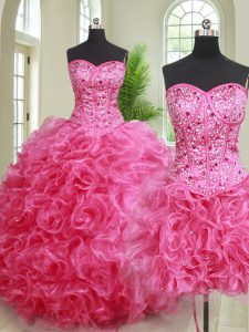 Stylish Three Piece Hot Pink Sweetheart Neckline Beading and Ruffles Quinceanera Gowns Sleeveless Lace Up
