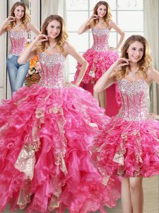 Fashion Four Piece Sweetheart Sleeveless Ball Gown Prom Dress Floor Length Beading and Ruffles and Sequins Hot Pink Orga