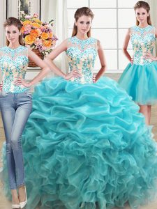 Three Piece Aqua Blue Ball Gowns Organza Scoop Sleeveless Beading and Ruffles Floor Length Lace Up Quinceanera Dress