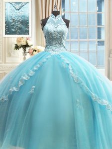 Halter Top Sleeveless Lace Up Floor Length Beading and Lace and Appliques 15 Quinceanera Dress