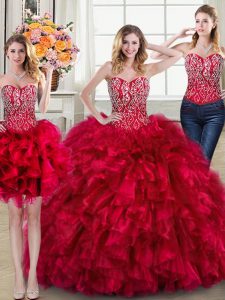 Superior Three Piece Red Sleeveless Organza Brush Train Lace Up Sweet 16 Dresses for Military Ball and Sweet 16 and Quin