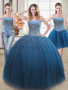 New Style Three Piece Sleeveless Tulle Lace Up Vestidos de Quinceanera in Teal with Beading