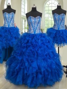 Perfect Four Piece Royal Blue Ball Gowns Sweetheart Sleeveless Organza Floor Length Lace Up Beading and Ruffles Sweet 16
