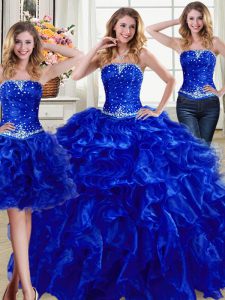 Inexpensive Three Piece Royal Blue Organza Lace Up Quinceanera Gown Sleeveless Floor Length Beading and Ruffles