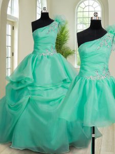 Three Piece One Shoulder Organza Sleeveless Floor Length Sweet 16 Quinceanera Dress and Beading and Hand Made Flower