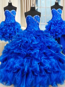Four Piece Royal Blue Sleeveless Beading and Ruffles Floor Length Quinceanera Gowns