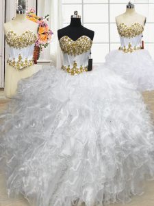 Three Piece White Ball Gowns Sweetheart Sleeveless Organza Floor Length Lace Up Beading and Ruffled Layers Sweet 16 Dres