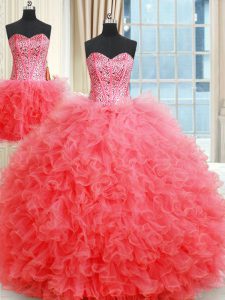 Best Three Piece Coral Red Sweetheart Lace Up Beading and Ruffles Quinceanera Dress Sleeveless