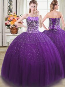 Sleeveless Tulle Floor Length Lace Up Quinceanera Gowns in Purple with Beading