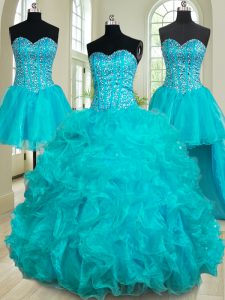 Beauteous Four Piece Ball Gowns Sweet 16 Quinceanera Dress Teal Sweetheart Organza Sleeveless Floor Length Lace Up