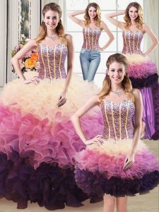 Designer Four Piece Sweetheart Sleeveless Lace Up Quince Ball Gowns Multi-color Organza