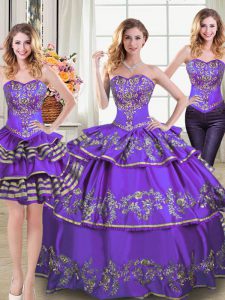 Three Piece Eggplant Purple Sleeveless Embroidery and Ruffled Layers Floor Length Quinceanera Dress