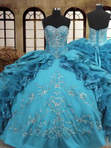 Hot Selling Teal Sweetheart Lace Up Beading and Embroidery and Ruffles Sweet 16 Quinceanera Dress Sleeveless